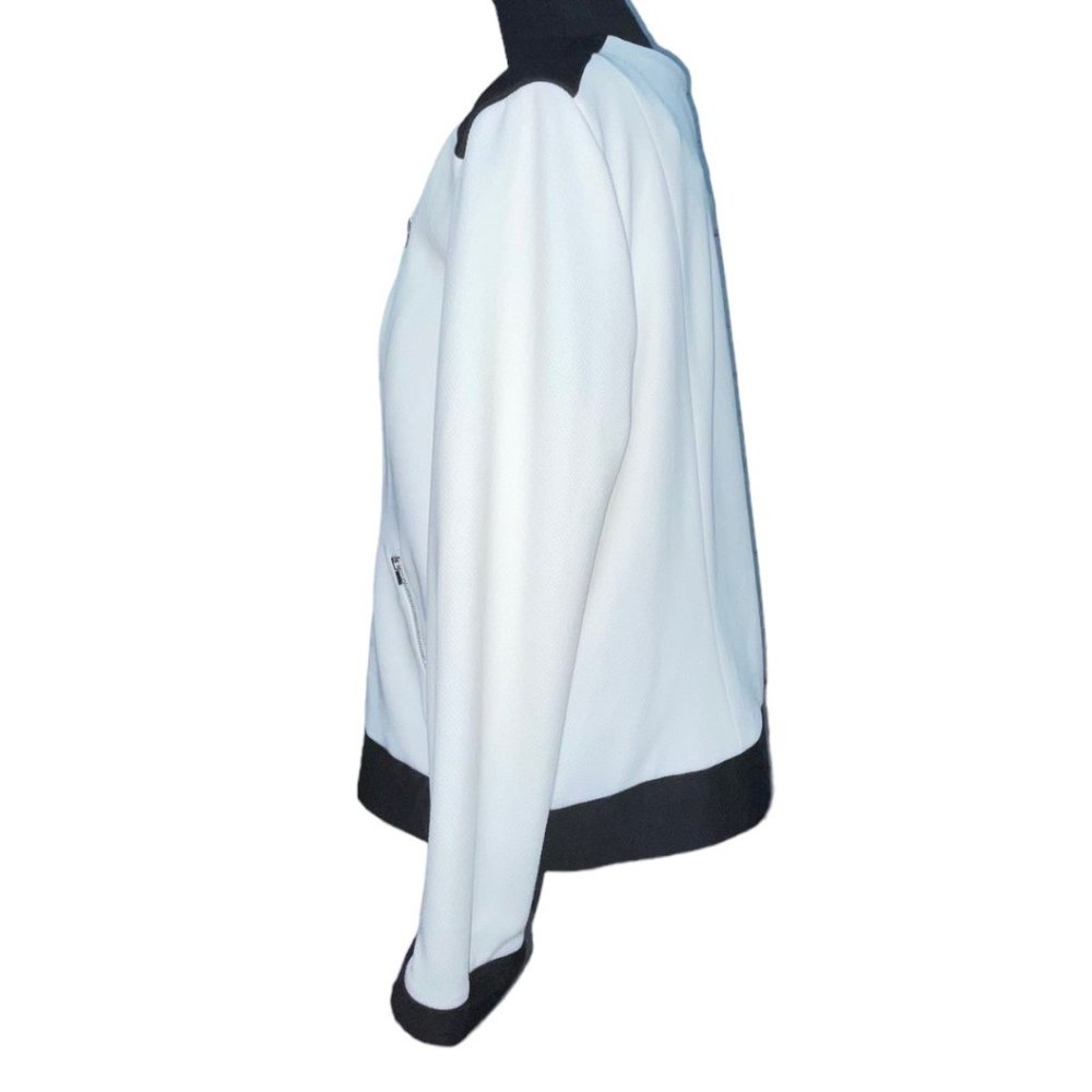 NY Collection Ivory Zip Front Jacket Women’s Colorblock Black Trim Banded Hem - Picture 3 of 4